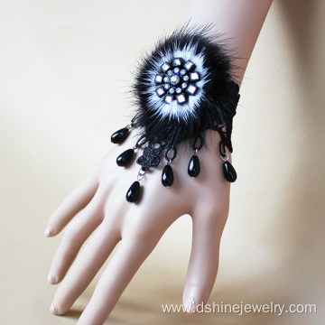 Black Crochet Lace Band With POM Charm Beads Tassel Bracelet